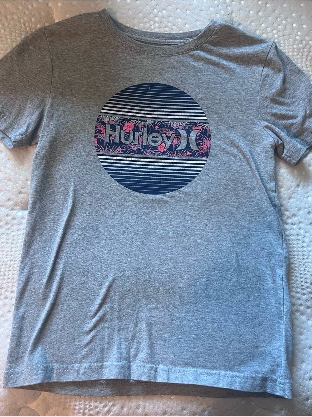 Hurley Gray Short-Sleeve Tee with Blue & Pink Graphic